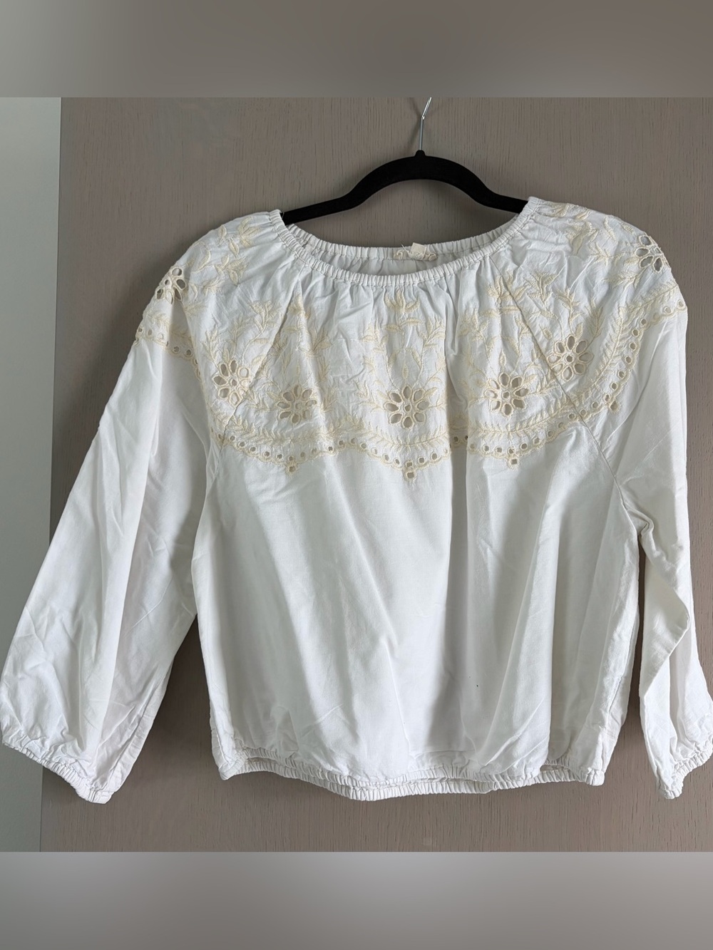 cleo White Peasant Blouse with Cream Floral Embroidery